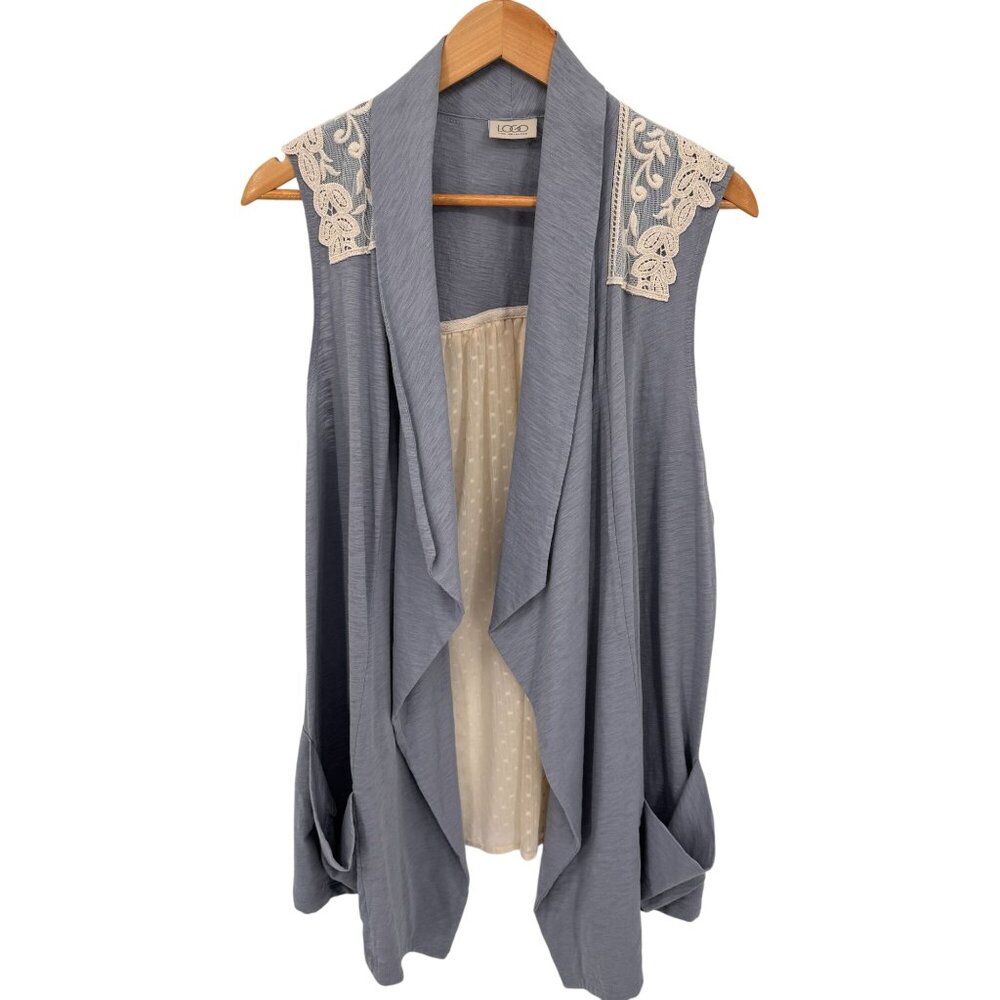 LOGO Cardigan Vest Womens XL Blue Cotton Cream‎ Swiss Dot Lace-Trimmed Back